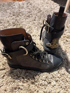 Vivienne Westwood Black Leather Lace-Up Ankle Sneakers with Gold Hardware